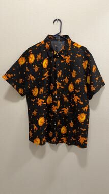 SSLR Men's Halloween Button-Down Shirt Witches Pumpkins Cats Short Sleeve Large